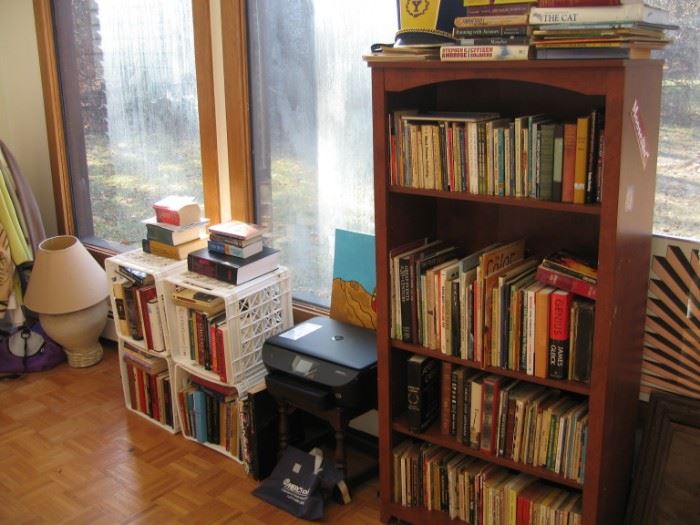 Lamp, HP Printer, Books, and book case.