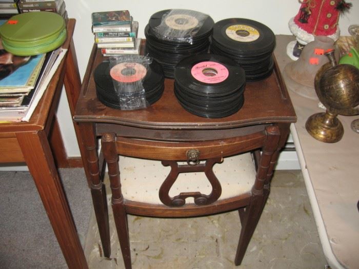 45 records, antique table & chair.
