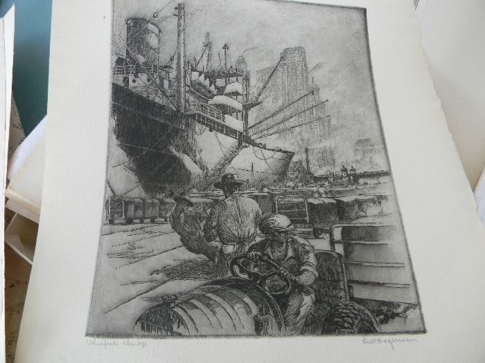 William Kent Hagerman (1893-1978) Wharfside Chicago Dock Scene 1951 signed and titled