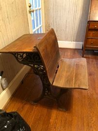 antique wood and wrought iron school desk