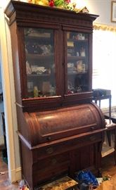 Antique 1800's Victorian Walnut Secretary Cylinder Roll top Desk w. Bookcase