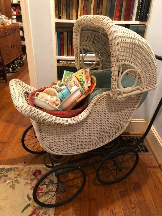 Antique wicker baby carriage English pram