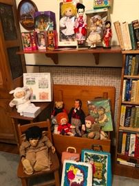 See that in the center? That's an old REX HARRISON Dr. Doolittle doll! Vintage Barbie doll cases, Japanese dolls, on the left that's a vintage Mr. Bim Zippy Monkey