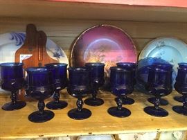 Vintage Tiara Glass Kings Crown Thumbprint Cobalt Wine Glasses/Goblets 