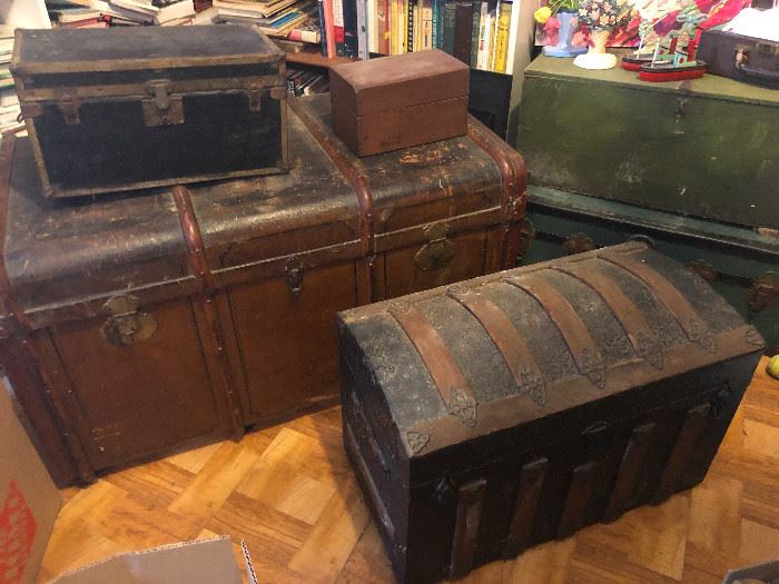 collection of antique travel trunks