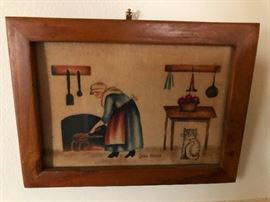 lady toiling over the hearth art, with cat