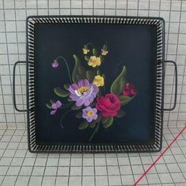 Unusual Square Tole Handpainted Tray