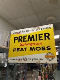 Vintage enamel Premier peat Moss flanged double sided sign