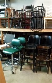Assorted vintage tall drafting table chairs bar chairs & stools etc