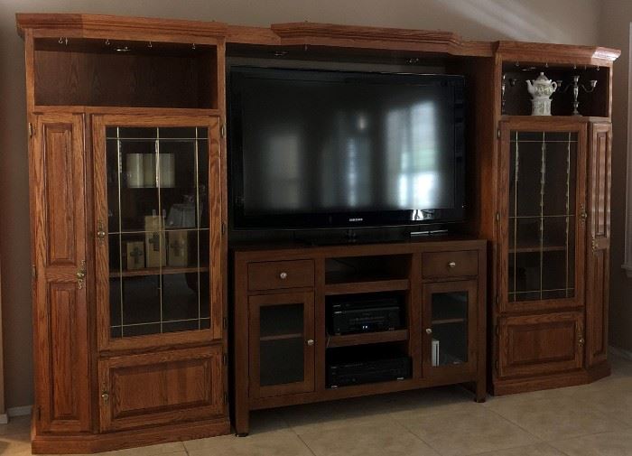 Oak Entertainment Unit w Media Storage and Overhead Lighting  (Center Console Sold Separately)