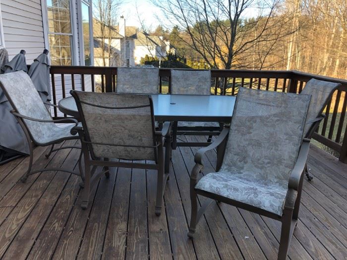 Novelle Patio Table w/ 6 Sling Back Chairs, Umbrella & Stand