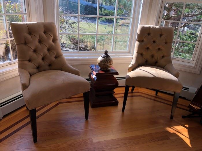 Pair of Restoration Hardware Tufted Back Side Chairs, Crate & Barrel Pedestal Table (1 of 2)
