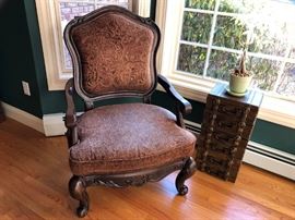 Upholstered Chair, Stacked Suitcase Style Side Table