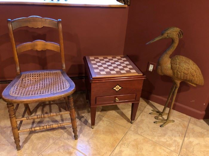 Caned Seat Chair, Game Chest, Metal Bird