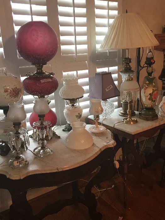 Antique Lamps. Globes. 
Marble top tables 