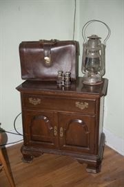 Vintage Leather Briefcase, Vintage Opera Glasses and Vintage Lantern