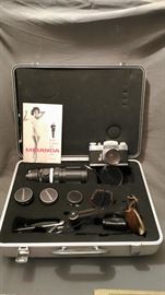 Vintage Miranda camera with case and Risque Miranda pamphlet