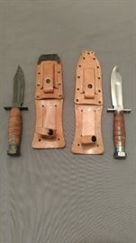 Wooden handle Camillus combat knives and Ontario fixed blade combat knife