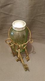 Depression glass jar with brass keys