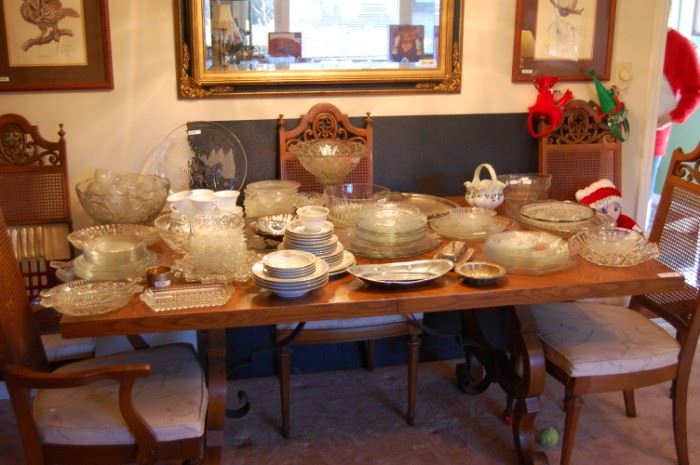 Dining room table/chairs; beautiful mirror; owl prints; dishes of all kinds