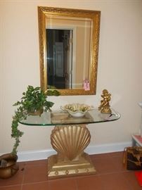 shell and glass foyer table, mirror, decor