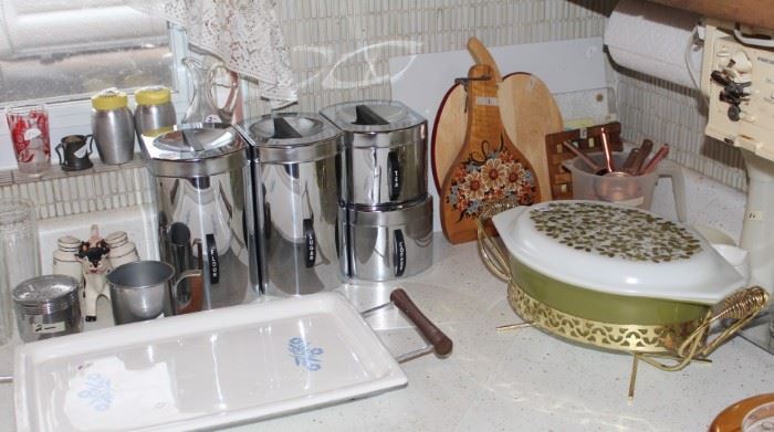 Kitchen is filled with vintage items.  