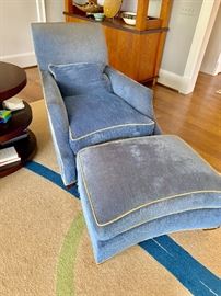 Hickory White Club chair and ottoman.  Custom upholstery in 'sublime ocean' with contrast welting in 'kiwi putty'.  31W x 42D x 36H