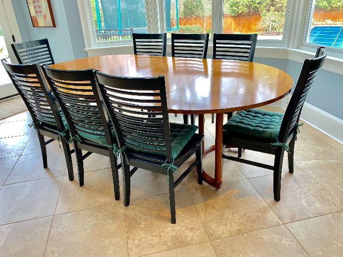 Somers Distressed Champagne finish Dining Table with (2) 21" leaves.  "Simply Yours" low slat back chairs finished in blue.