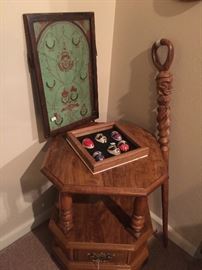 side table, old "pin ball machine", carved cane