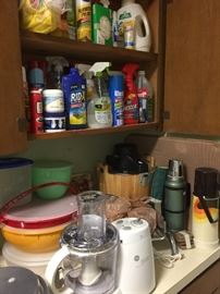 Ice Cream Churn, Food Processor, vintage Thermoses, cleaning supplies.