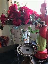 silk flowers, hand painted glass trash can (used as a vase here), 1940s lamps with asian theme (pair with shades)