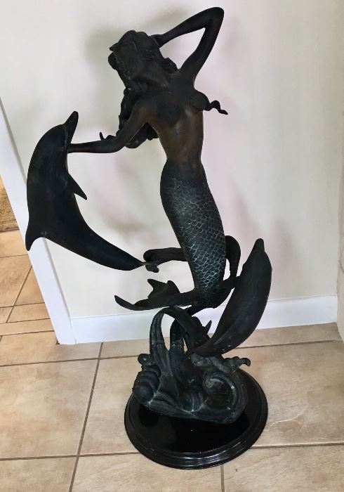 Bronze mermaid and dolphins sculpture 