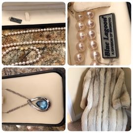 Blue Lagoon pearl necklace and bracelet, BlueTopaz set, Full length Fox coat