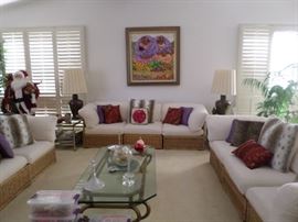 Rattan Couches with Custom Ivory Upholstery,