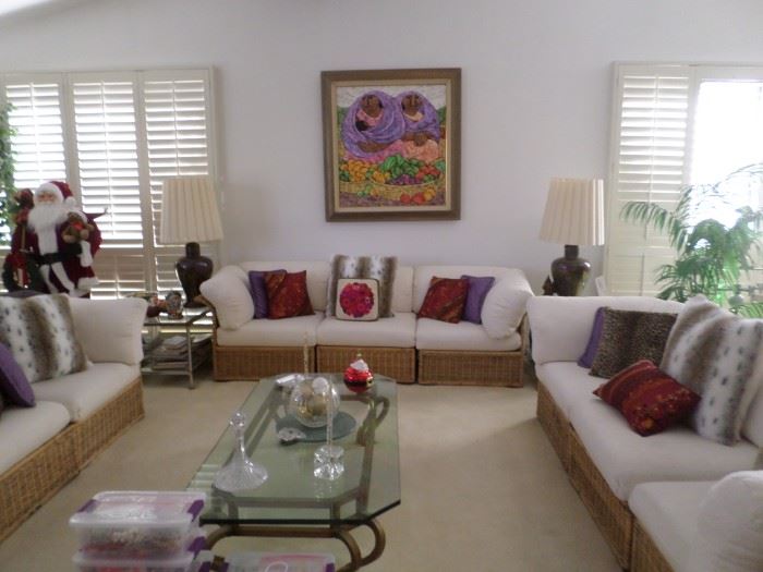 Rattan Couches with Custom Ivory Upholstery,