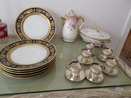 24K Gold Rim Dinner Plates, Set of 6 Lenox expresso cups in sterling holders & saucers, Antique 24K Gold Serving Pieces