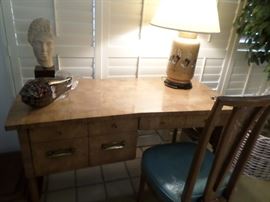 Mid-Century Burl wood desk , 1950's from Greene & Hinkle Furniture Corner of Wilshire & Clark  in Beverly Hills, 1950's original building still standing.  Desk & Chair excellent condition.