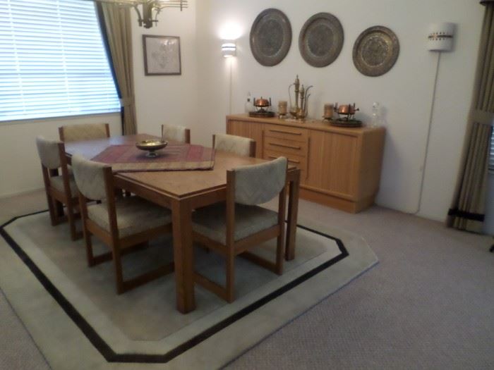 X large dining table, 2 leaves,8chairs, Mid-Century Buffet, Many COPPER AND Brass Items, Customn area rug