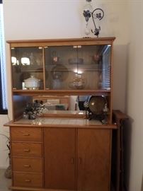 Retro Hutch  drawers, 2 shelves, glass doors, copper, brass and ceramic items,