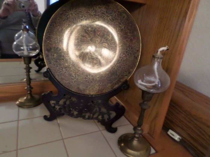 Asian Plate in stand, Brass & Glass Oil 
