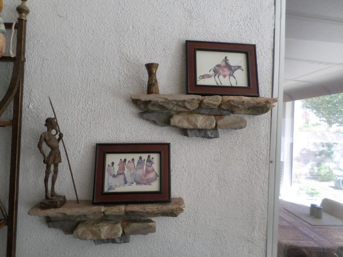 Unusual rock shelves, small Indian Prints, wooden Don Quiote