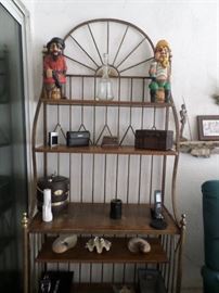 Small scale Display Bakers rack, Pirates are handcarved wood liquor bottle holders, large seashells, leather & brass ice bucket