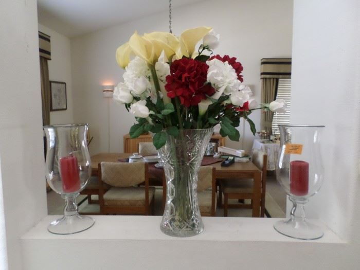 Crystal Vase with Floral Bouquet, Pr. of Crystal Candleholders