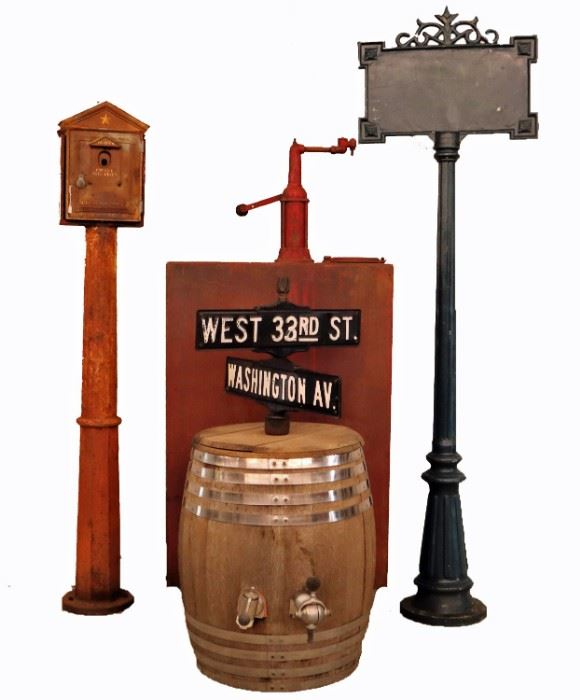 Gamewell Call Box, Sign Post, Standard Oil 40 Gallon Pump, Street Sign, Root Beer Keg