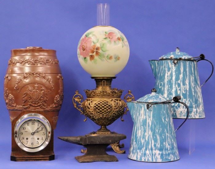Bradley Hubbard Lamp , Graniteware, Miniature Anvil, Salt Glazed English Pottery Dispenser, Chelsea Ships Clock