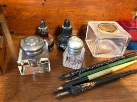 Antique Glass with Sterling Top Inkwells