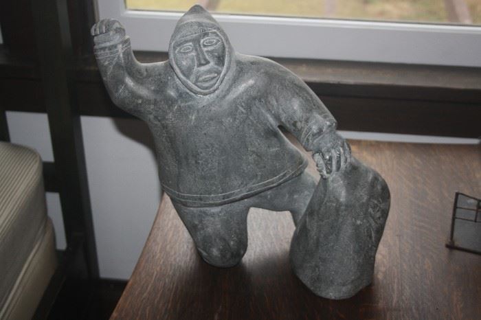 INUIT ? STONE CARVING ESKIMO WITH SEAL 13.5 " tall