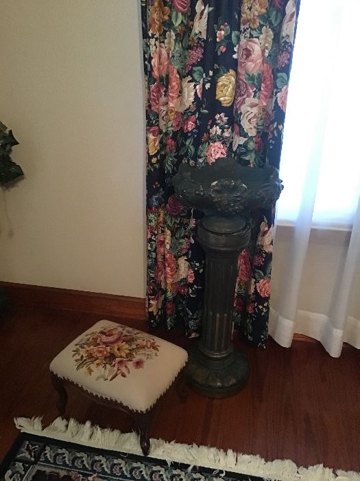 Vintage Pedestal Plant Stand. Needlepoint ottoman
