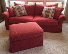 Red Loveseat and Ottoman