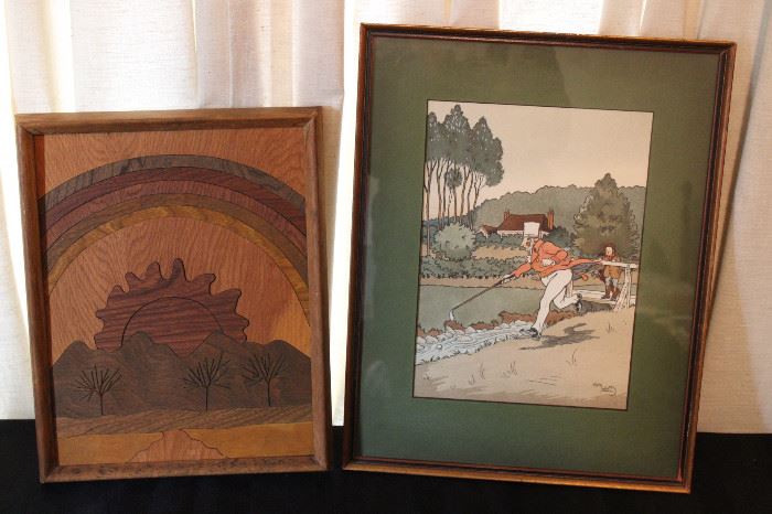 Harry Elliot print and woodcarving